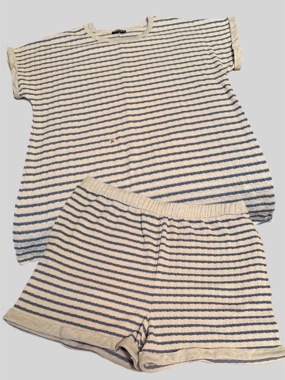 HEIMISH USA Jacquard Striped Top & Short SET in Cream/Blue 3X - Picture 4 of 17